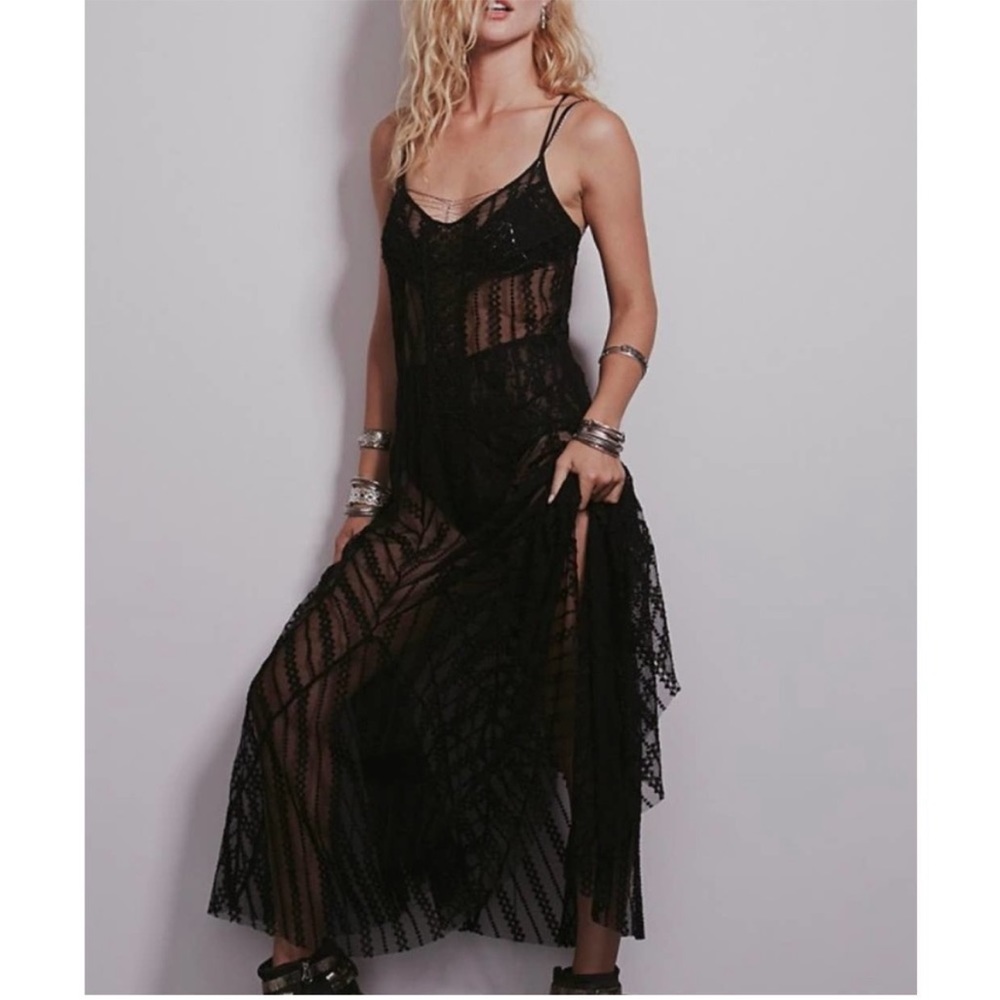 free people intimately XS black lace mesh maxi dress - Picture 3 of 4